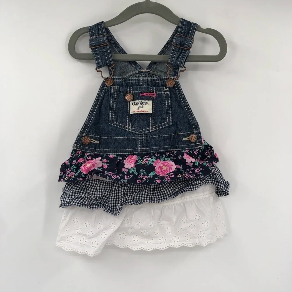 OSHKOSH B'GOSH Overall Dress Skirtall Jumper 18M Ruffle Tiered Eyelet Cotton